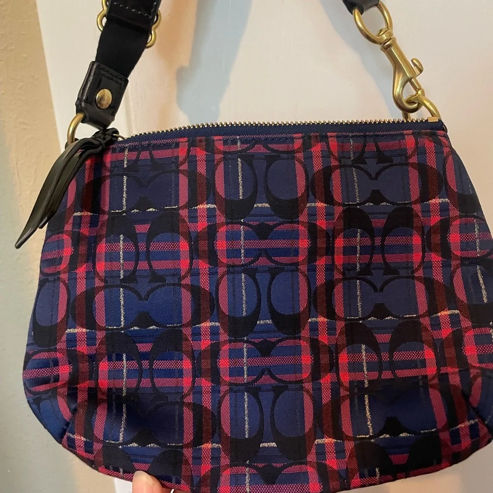Coach Signature Plaid Small Crossbody Bag in Navy & Pink